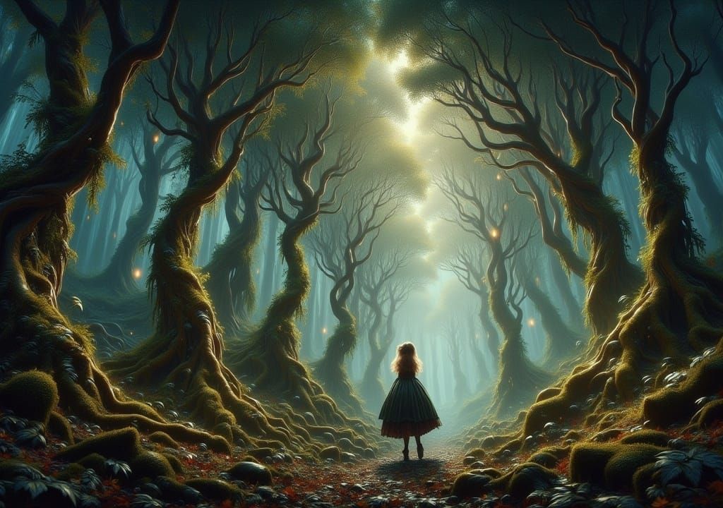 Hansel and Gretel Lost in Eerie Forest Illustration