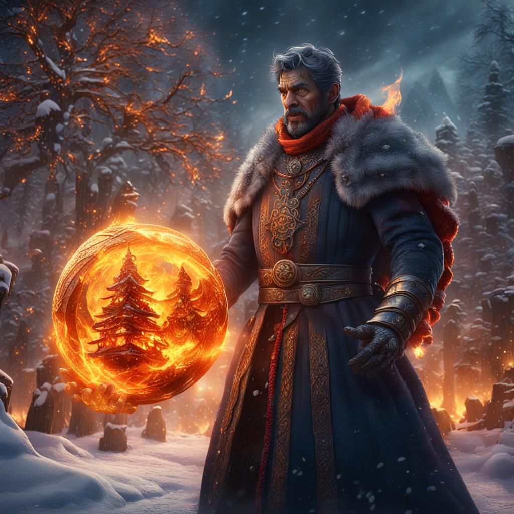 Merlin in Snow with Fireball: Fantasy Concept Art