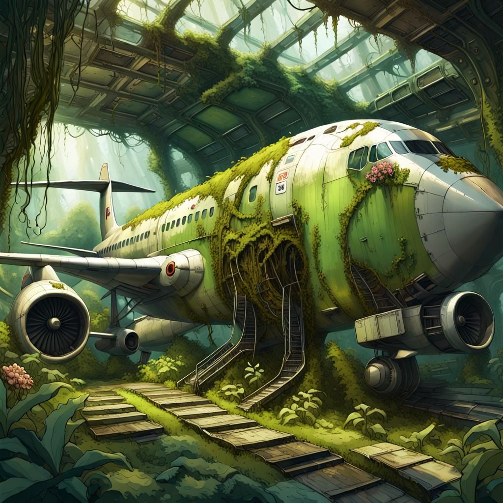 Cyberpunk Boeing Aircraft Lost in Jungle