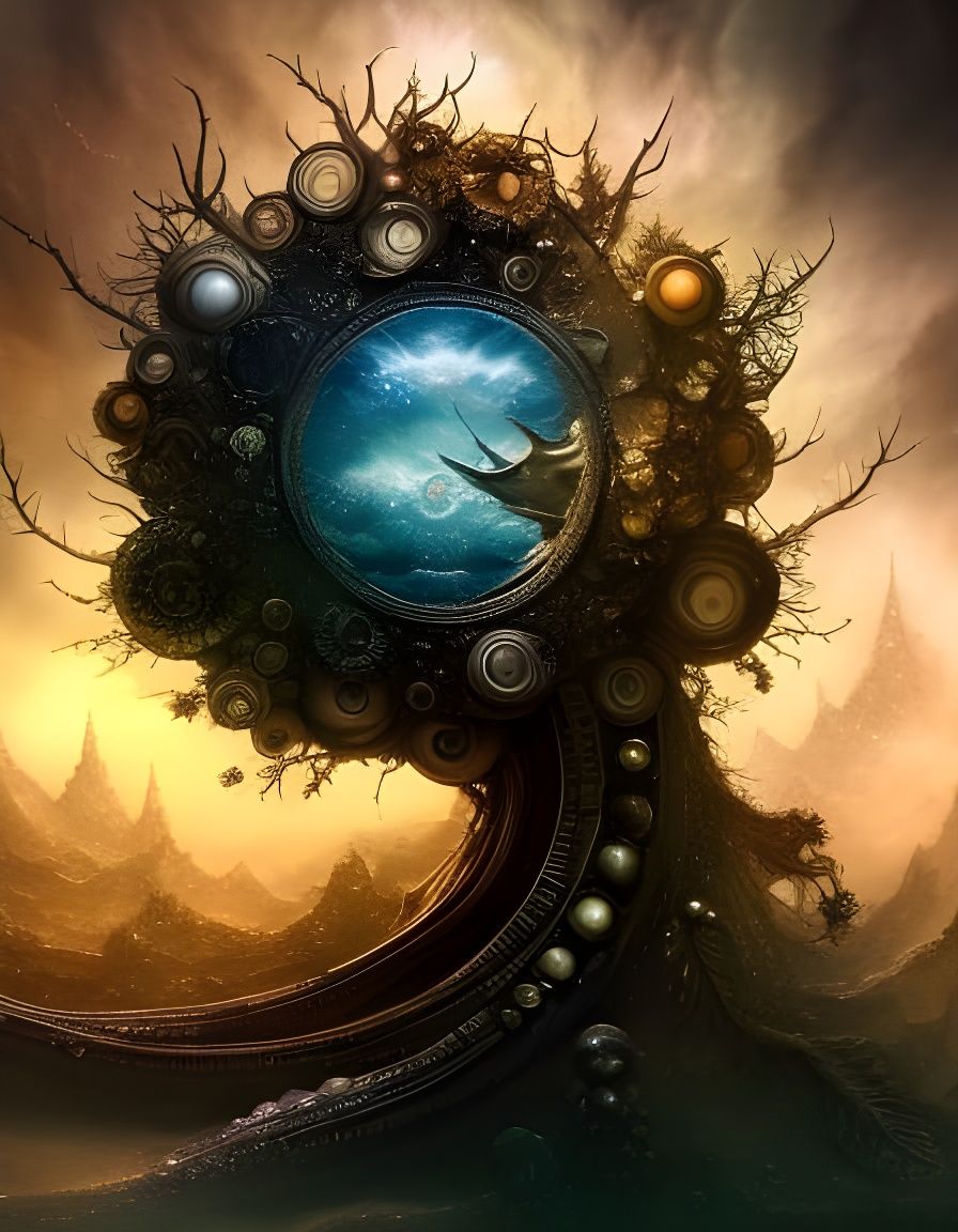 Clockpunk Bonsai Village Under Moonlit Sky