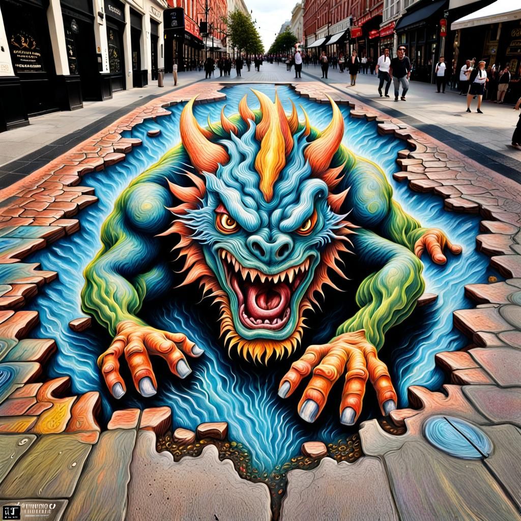 Hyperrealistic 3D Chalk Art: Monster Bursting From Pavement