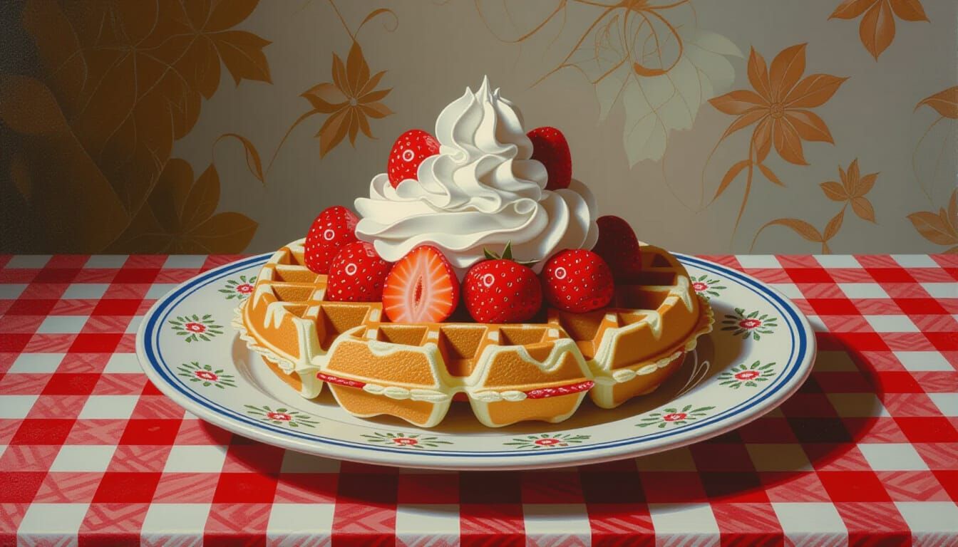 Gourmet Waffle with Cream and Strawberries as Impressionist ...