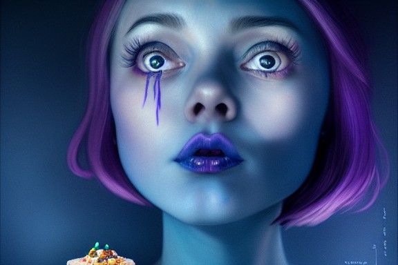 Purple-Haired Woman Offers a Blue Cupcake: Comic Book Style