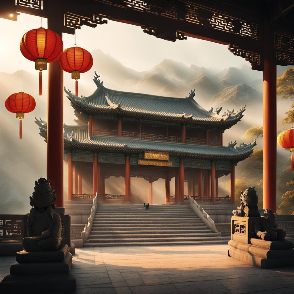 Misty Mountain Jade Palace in Chinese Ink Style