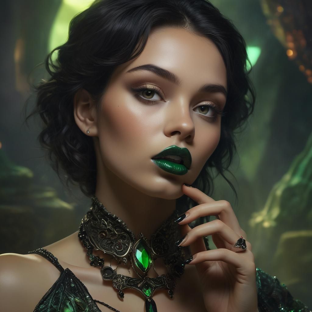 Woman with Black and Green Lips Holding Gemstones