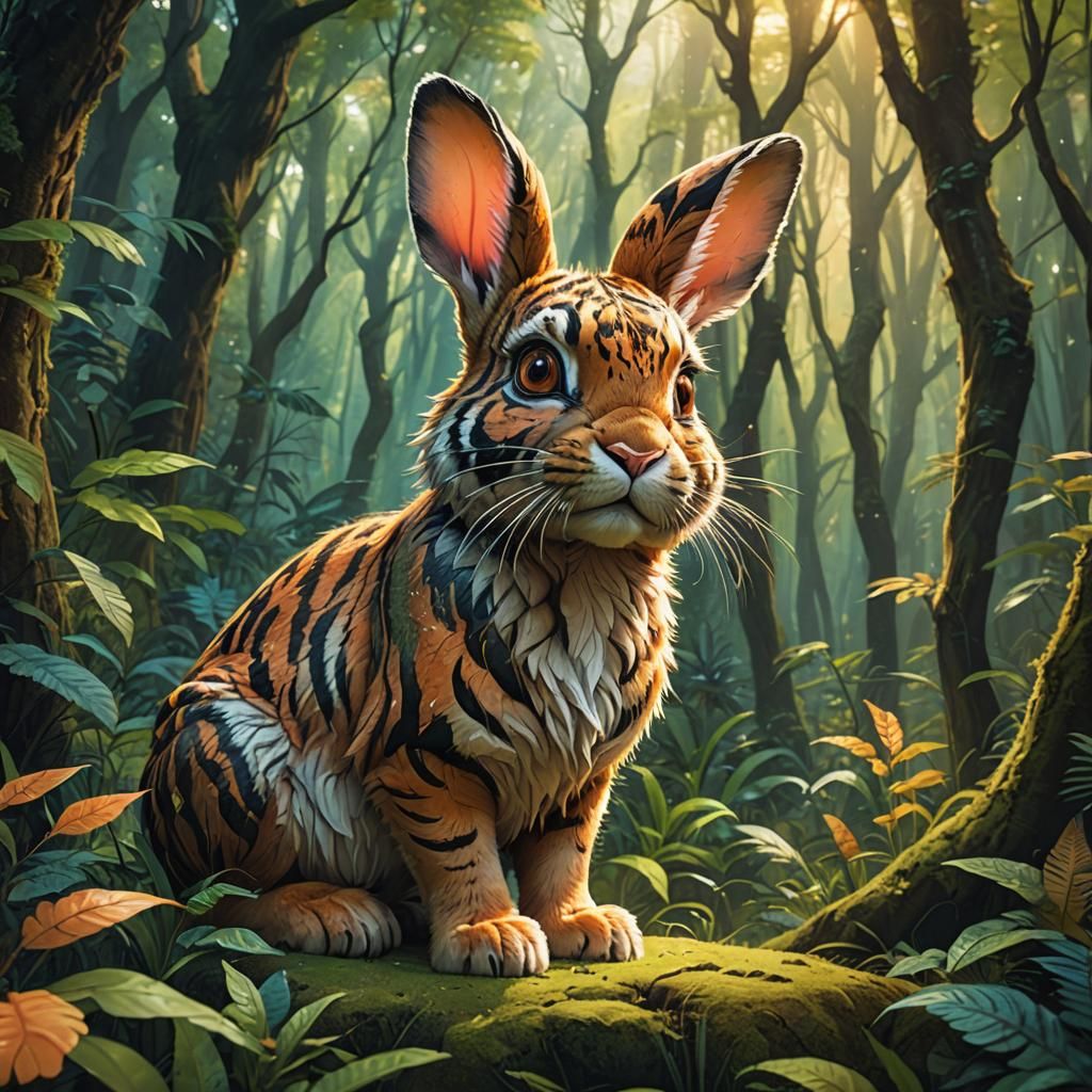 Tiger Striped Bunny in Vibrant Forest