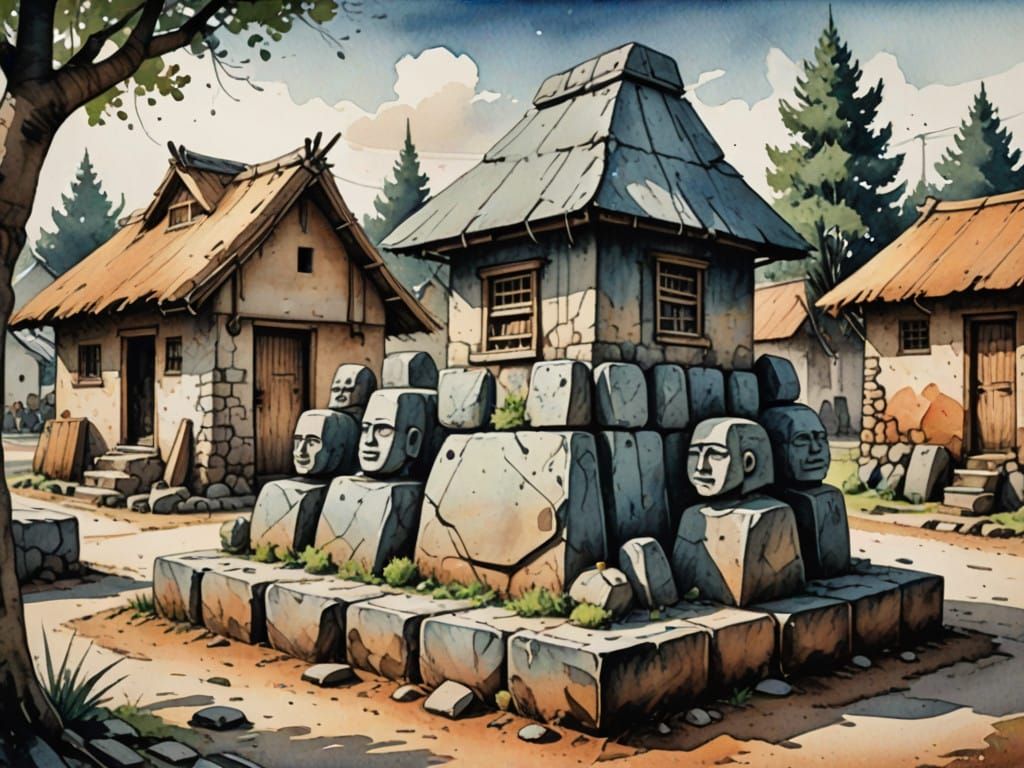 Ancient Tribe's Stone Tribute in Vibrant Watercolor