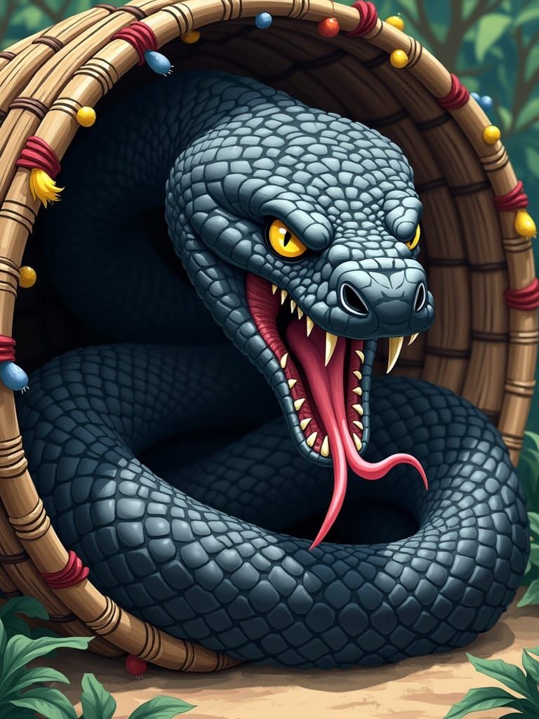 Sinuous Cobra Emerges from Wicker Basket in Exaggerated Anim...
