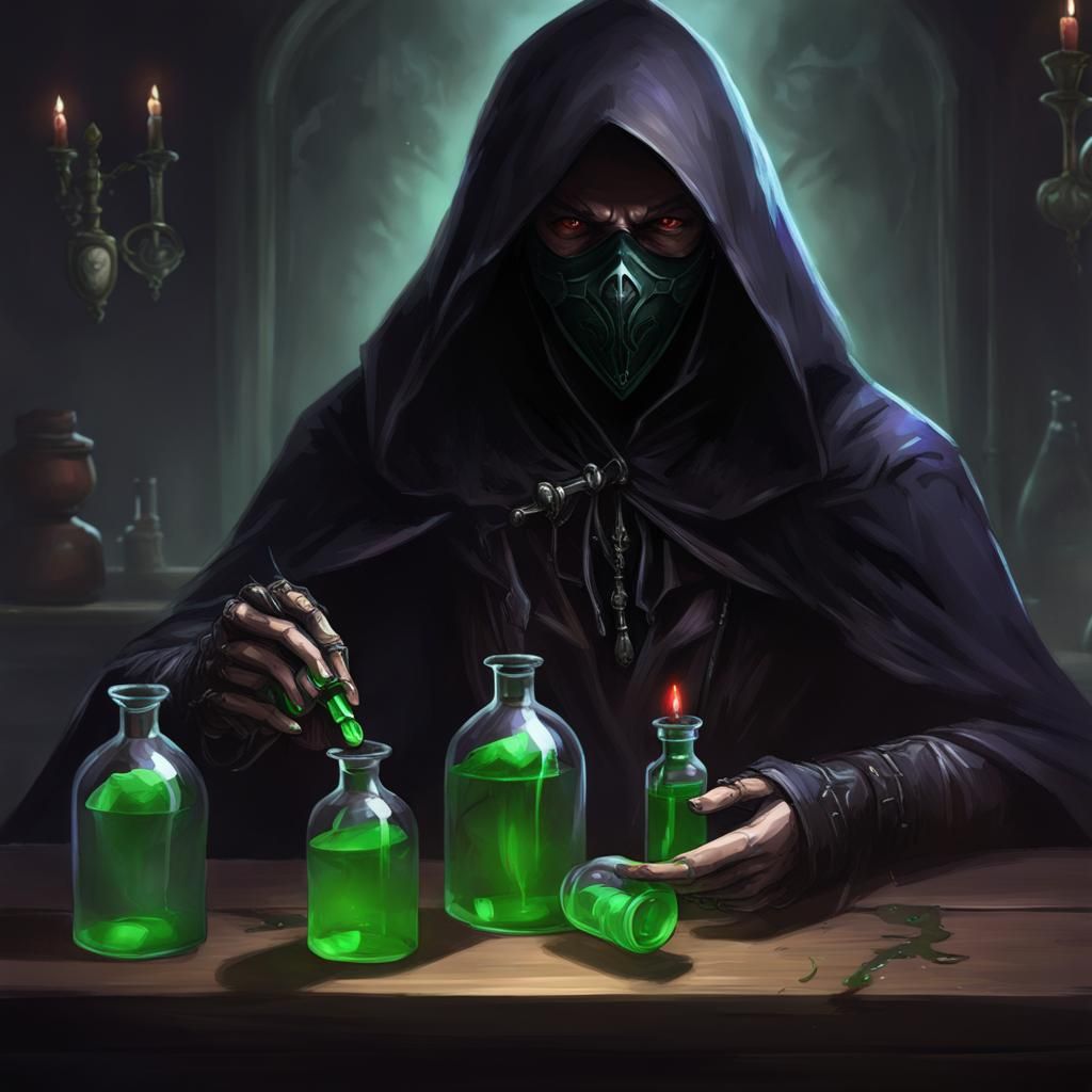 Cloaked Assassin with Poison Vials