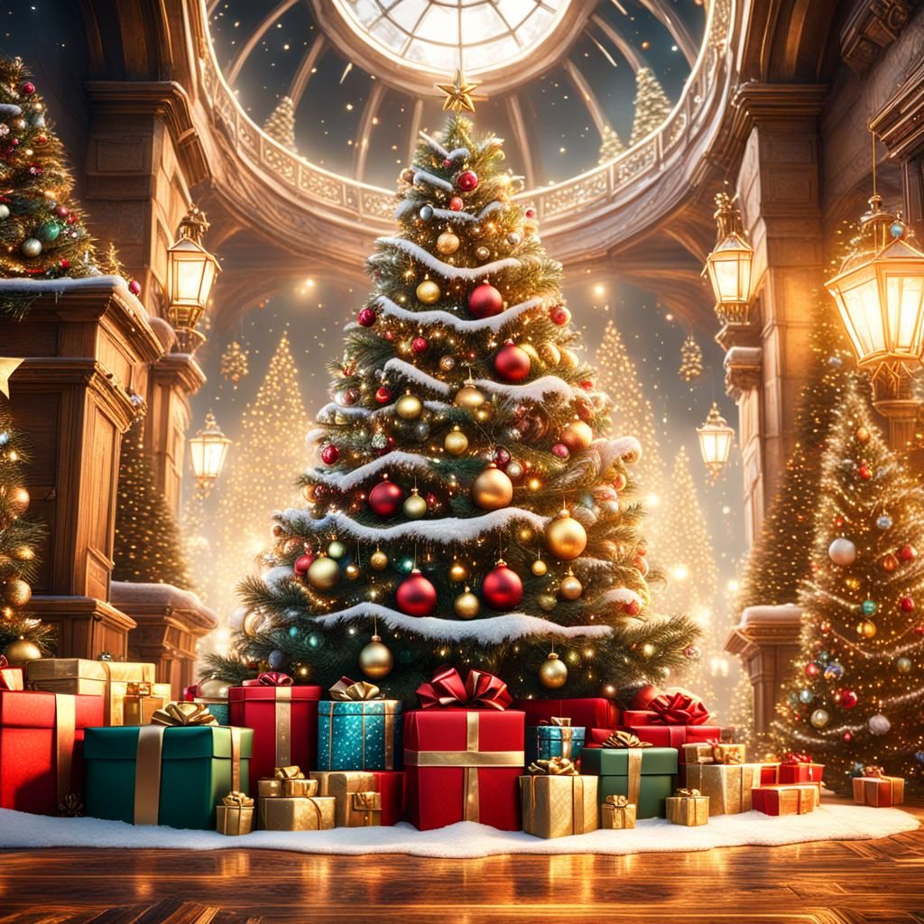 Festive Christmas Tree with Gifts: Detailed Matte Painting