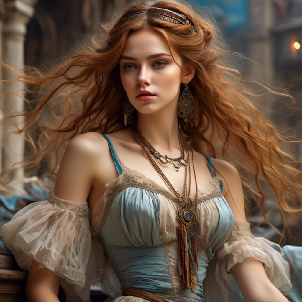 Bohemian Beauty in Sheer Gown: Masterpiece Illustration