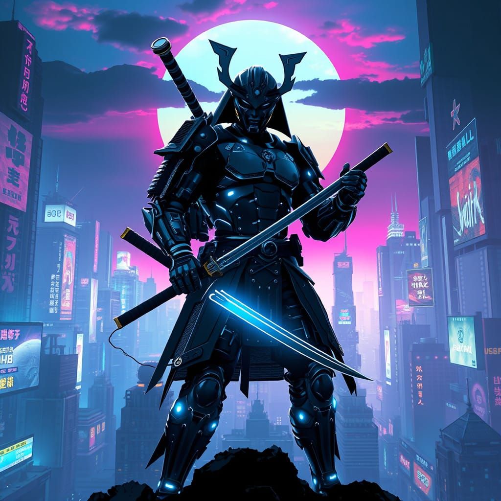 Cyberpunk Warrior in Dystopian Metropolis