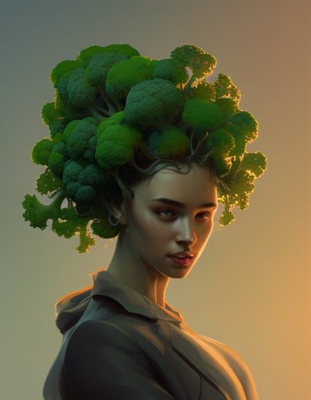 Broccoli Hair Portrait in Art Nouveau Style