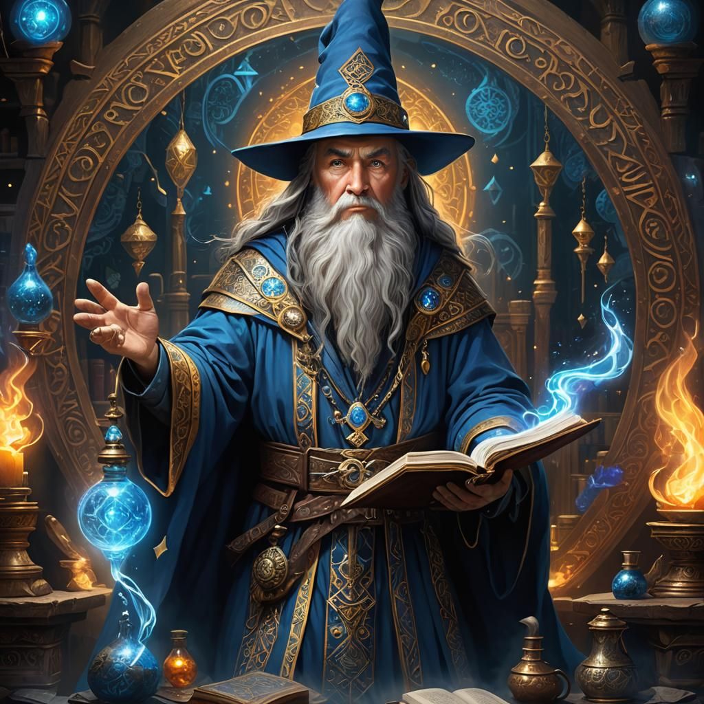Old Wizard with Spell Book in Fantasy Art