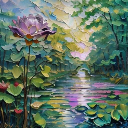 Impressionist Water Lilies at Twilight in Forest