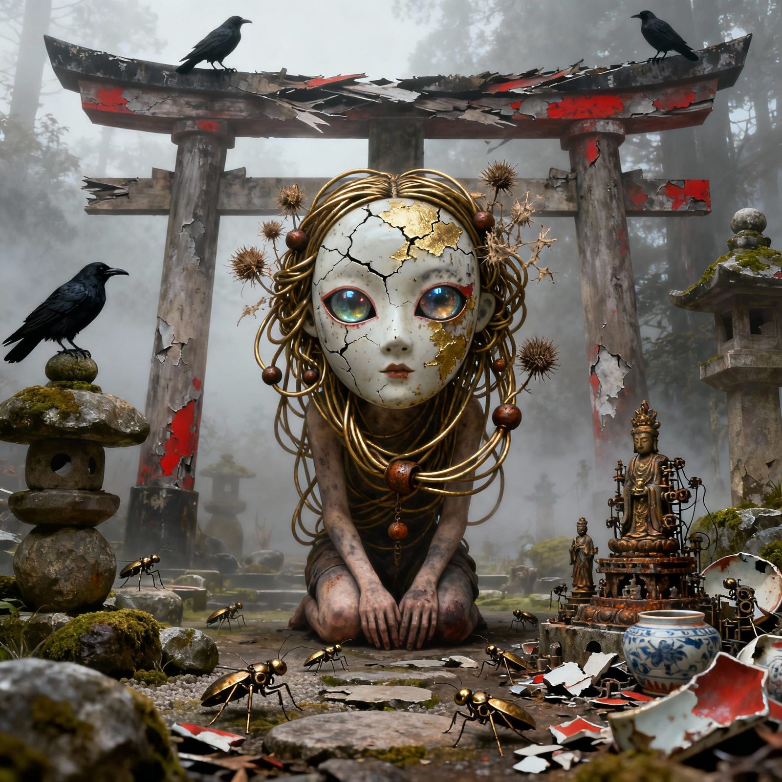 Haunting Creature with Brass Hair in Mist