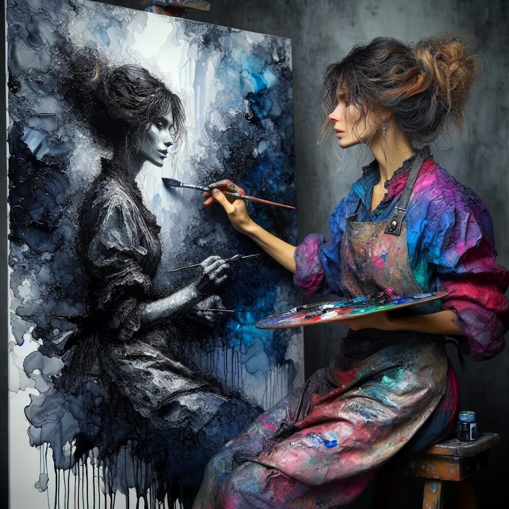 Artist Painting Self-Portrait with Alcohol Ink