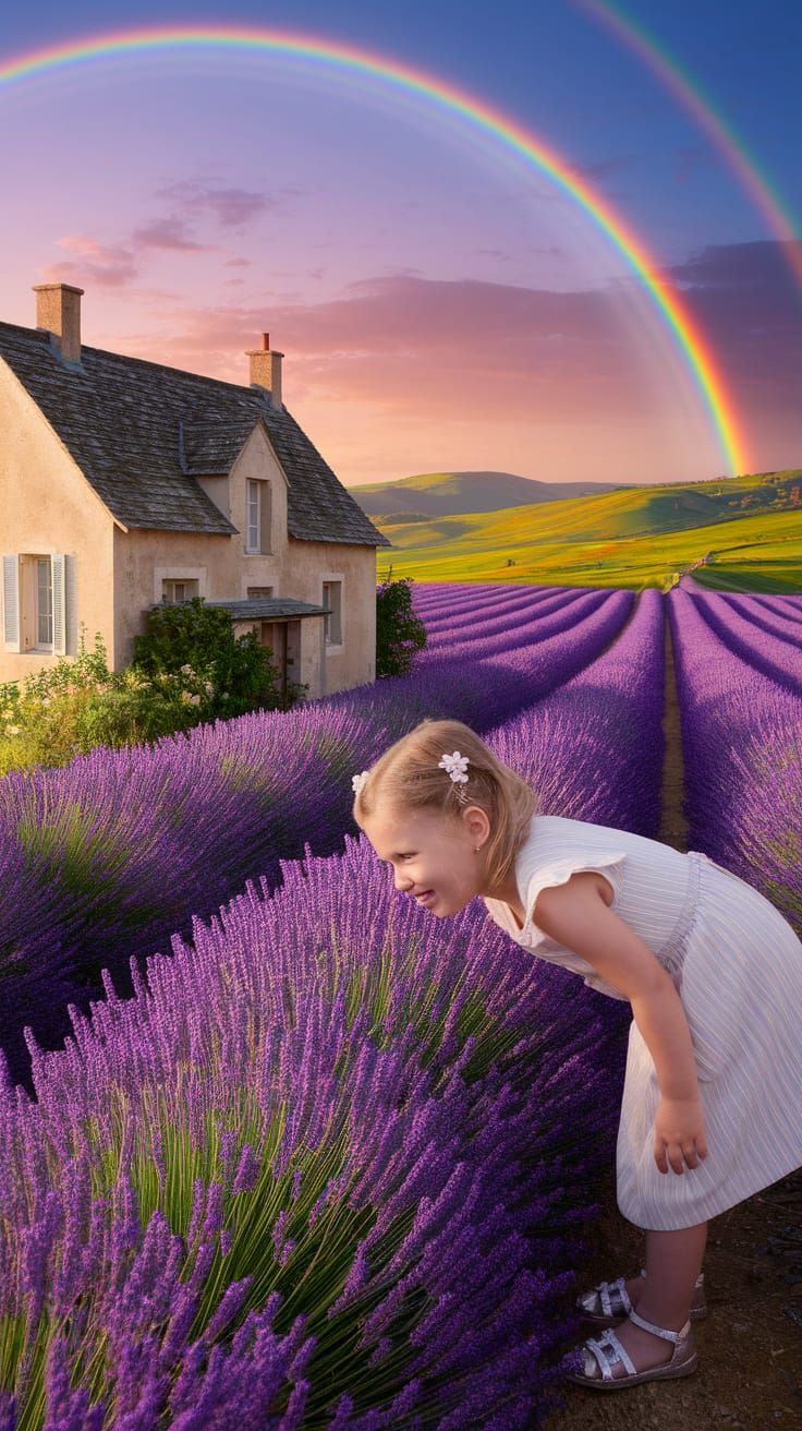 French Countryside Cottage Amidst Lavender Field at Sunset