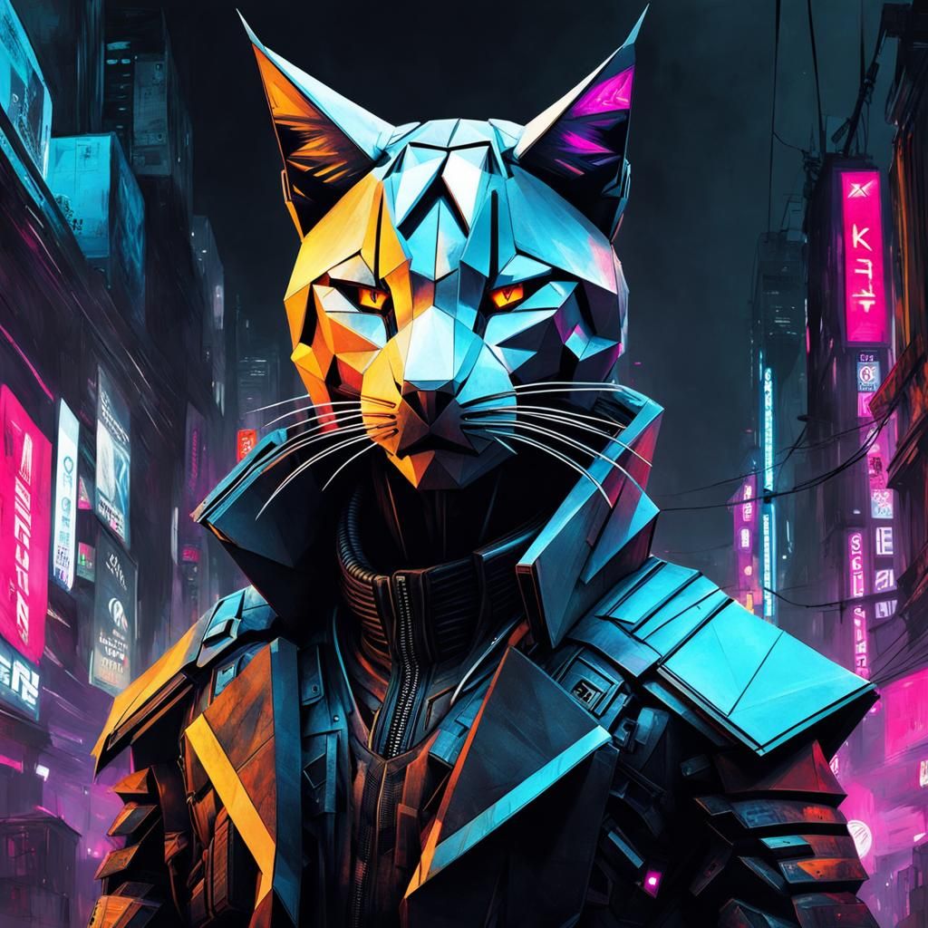 Cyberpunk Origami Wildcat: A Haunted Creation