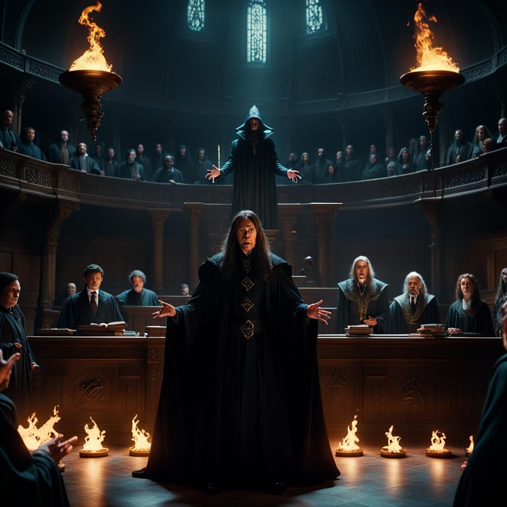 Supernatural Courtroom Scene with Warlock and Witch