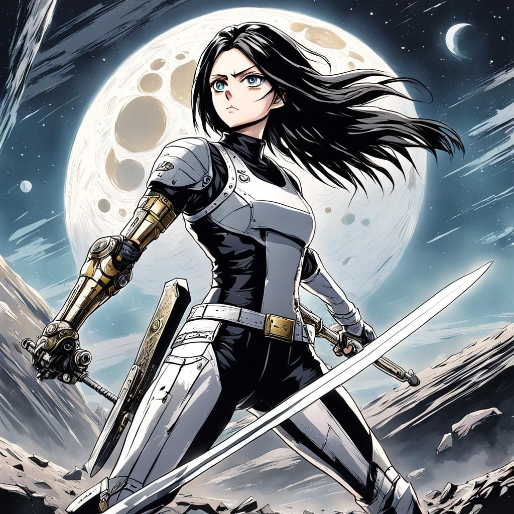 Alita Battle Angel Sword on the Moon in Anime Style