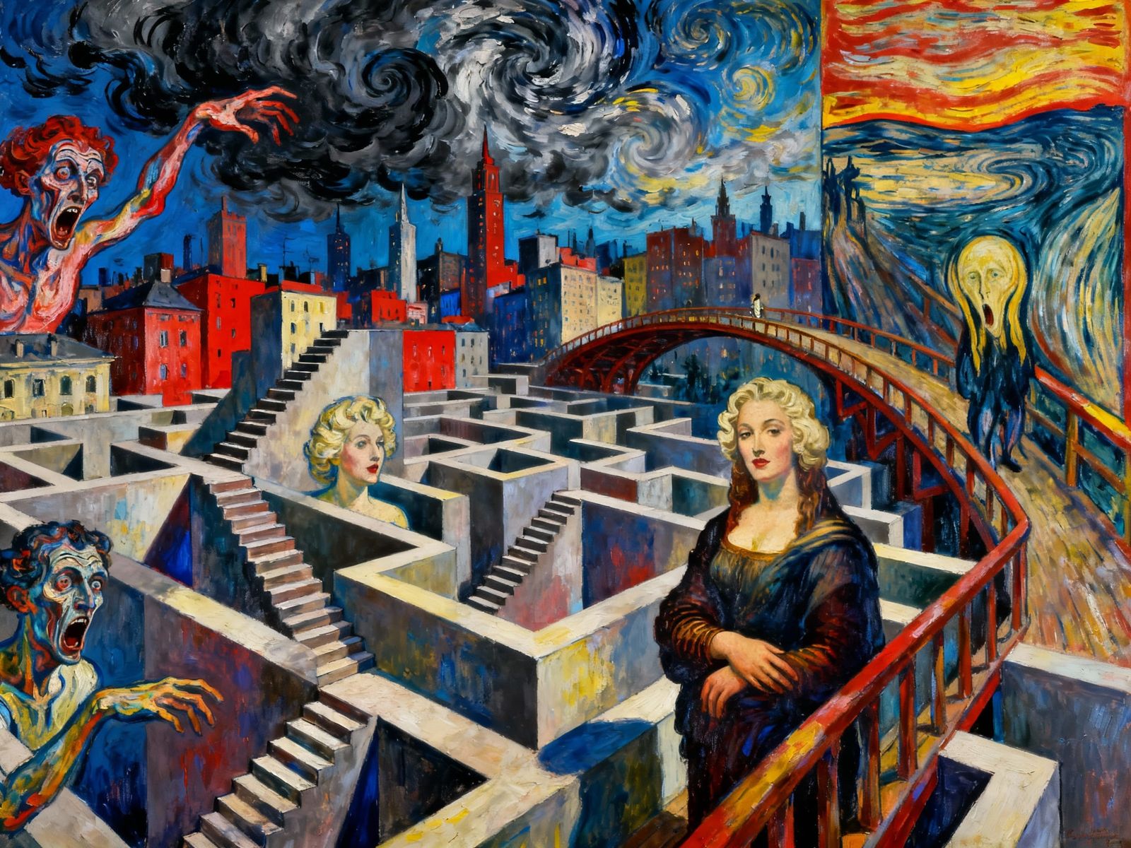 Surreal City Maze with Iconic Figures in Escher Style