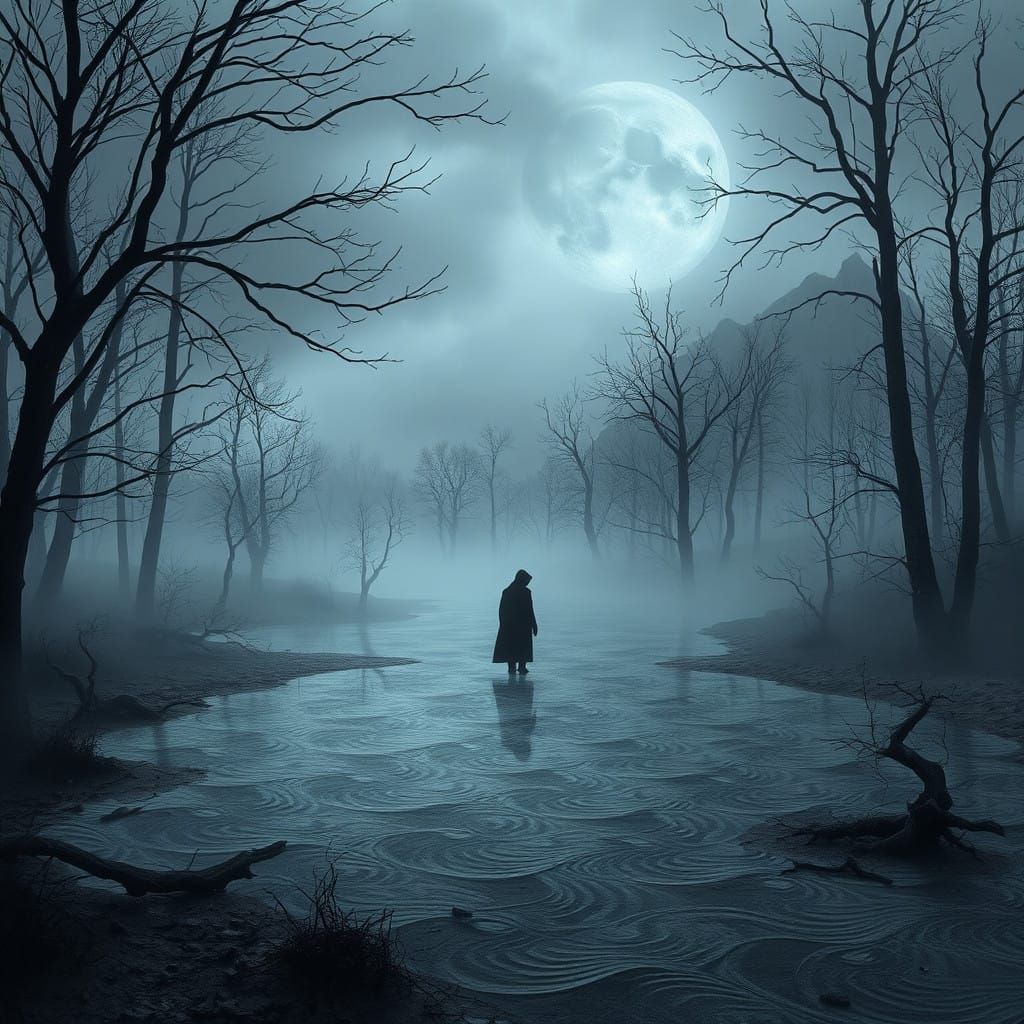 Shrouded Figure Stands in Desolate, Fractal Landscape