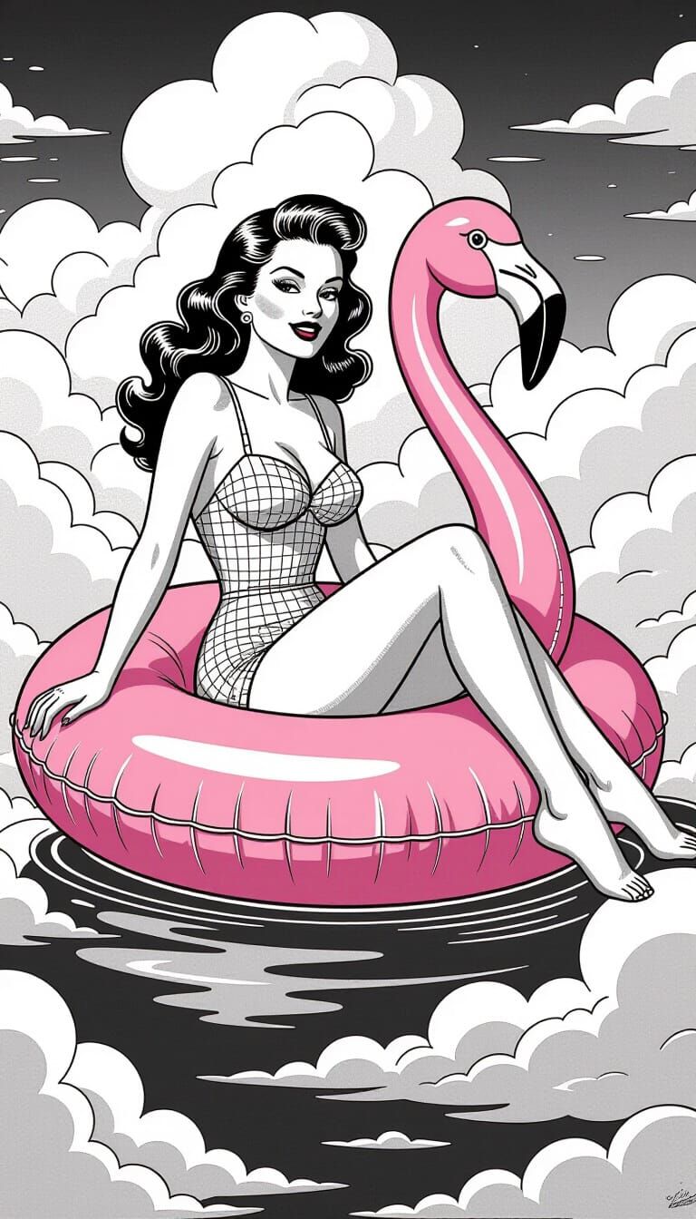 1950s Pin-Up Girl Line Art Coloring Page