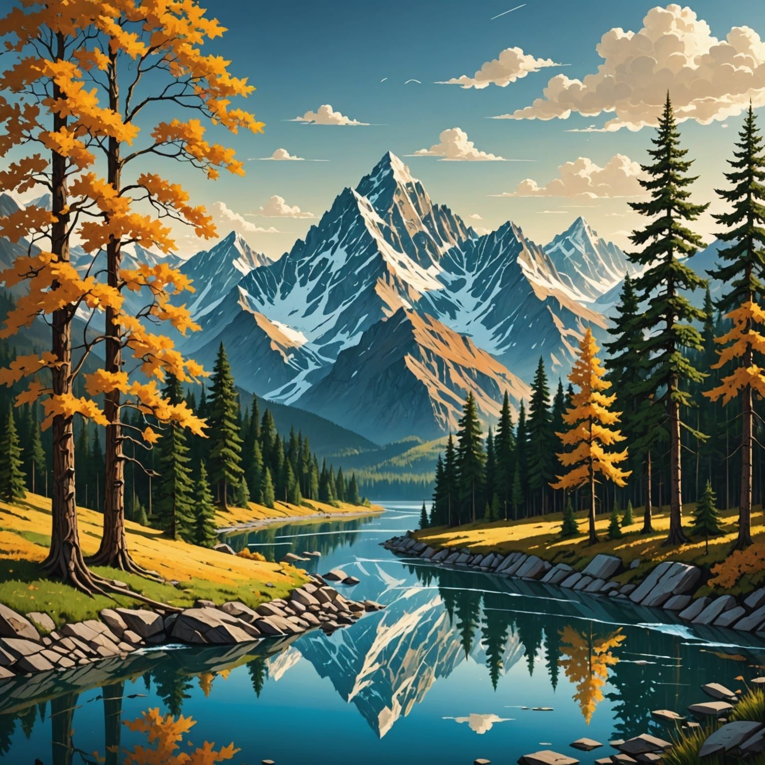 Fractal Landscape with Symmetrical Trees and Geometric Patte...