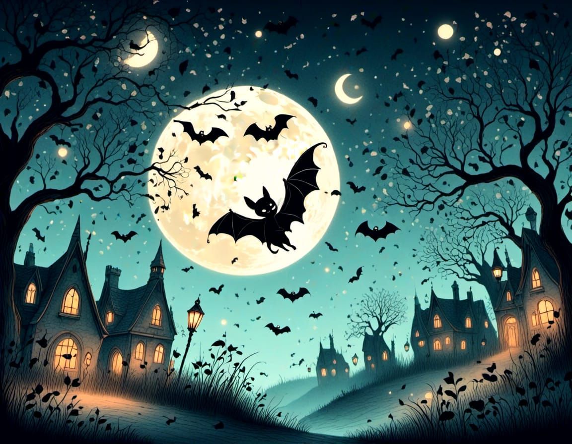 bats and moon in a whimsical dance, <lora:Cutie Pie Hallowee...