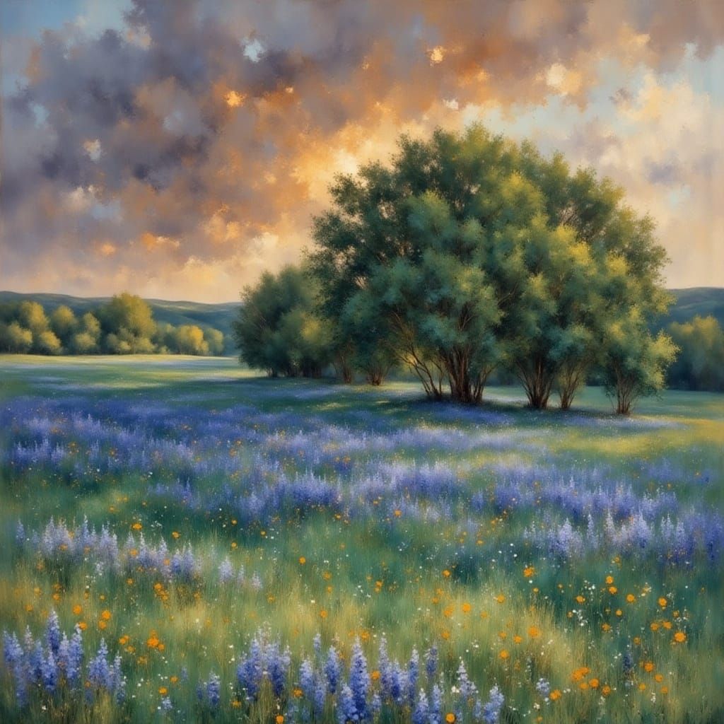 Whimsical Bluebonnet Blooms in Dreamy Impressionist Oil Pain...