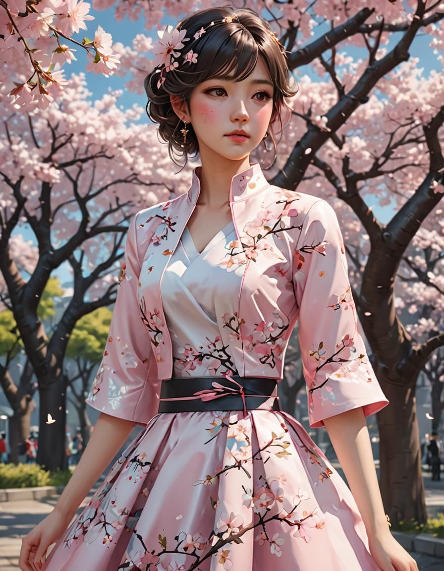 woman wearing a pink pastel floral dress with cherry blossom...