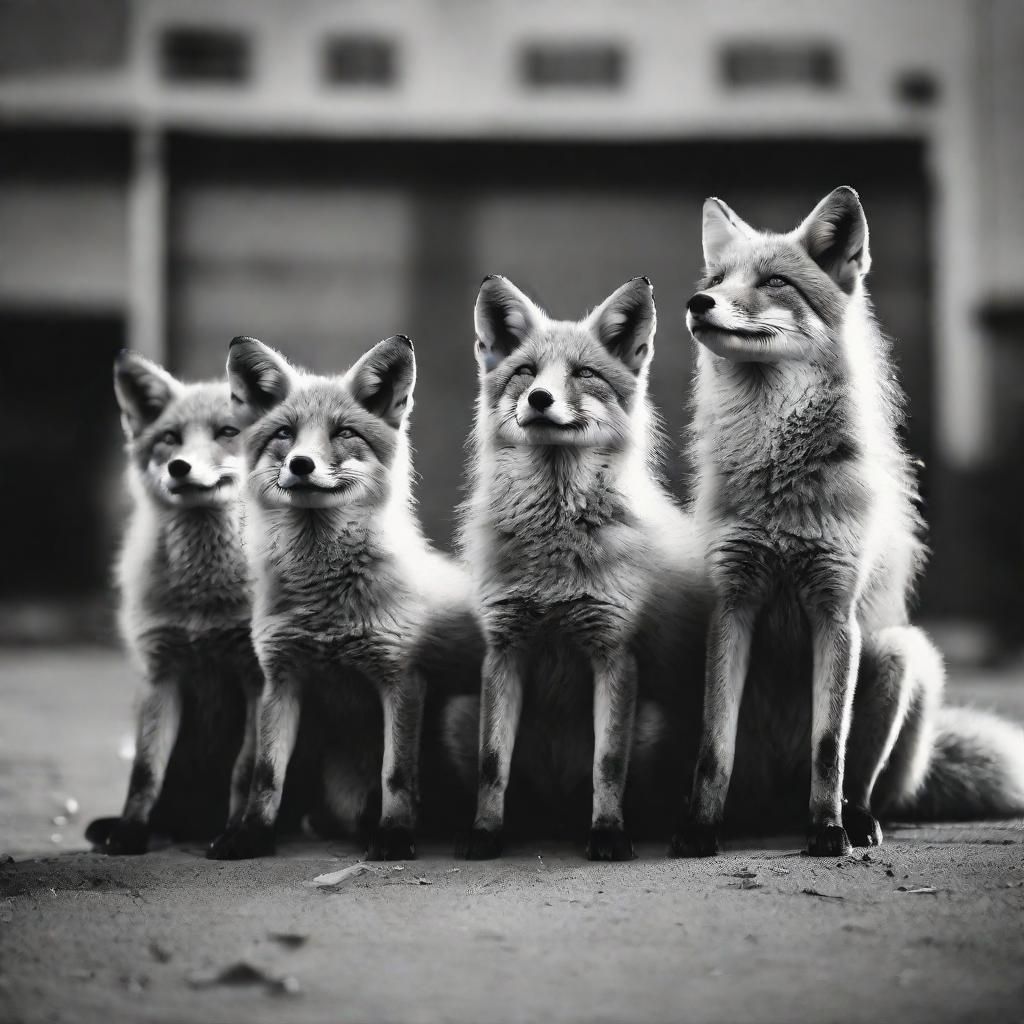 Anthro Fox Family Outside Factory in Vintage Photo