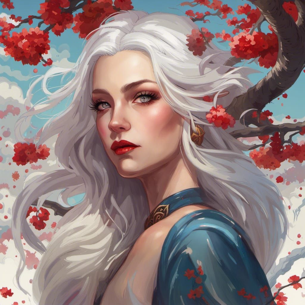 Woman with Dragon Hair Clips Under Cherry Tree