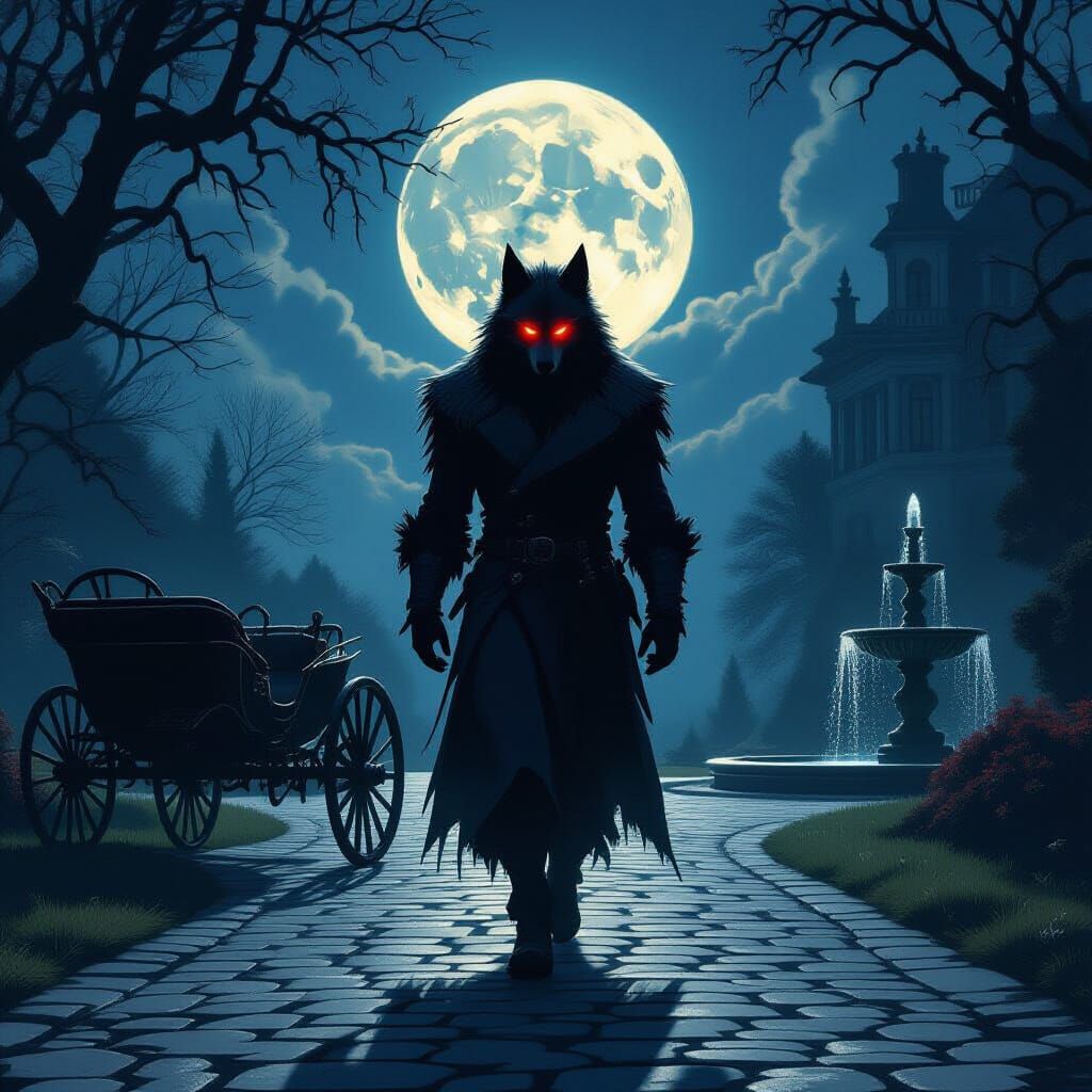 Moonlit Wolf-like Humanoid Figure in Gothic Style