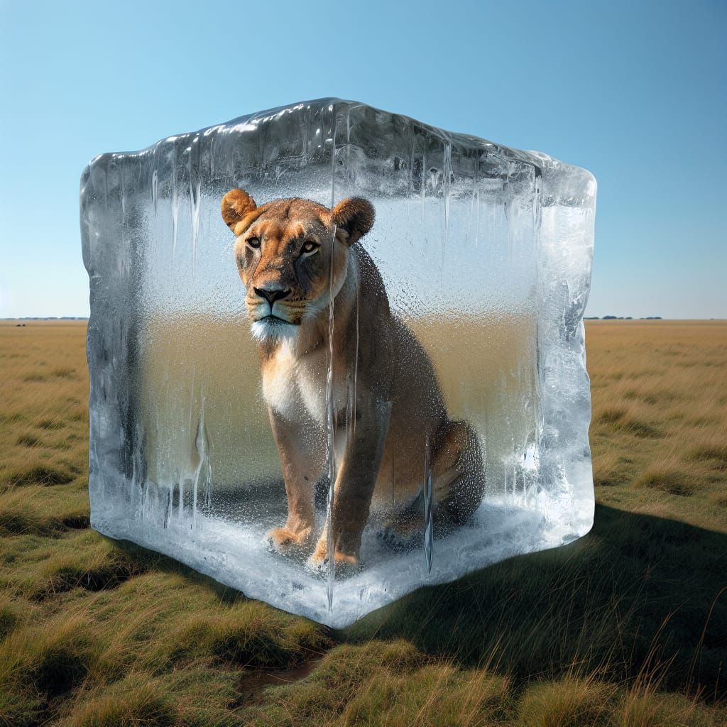 Lioness Encased in Melting Ice Cube on Savanna