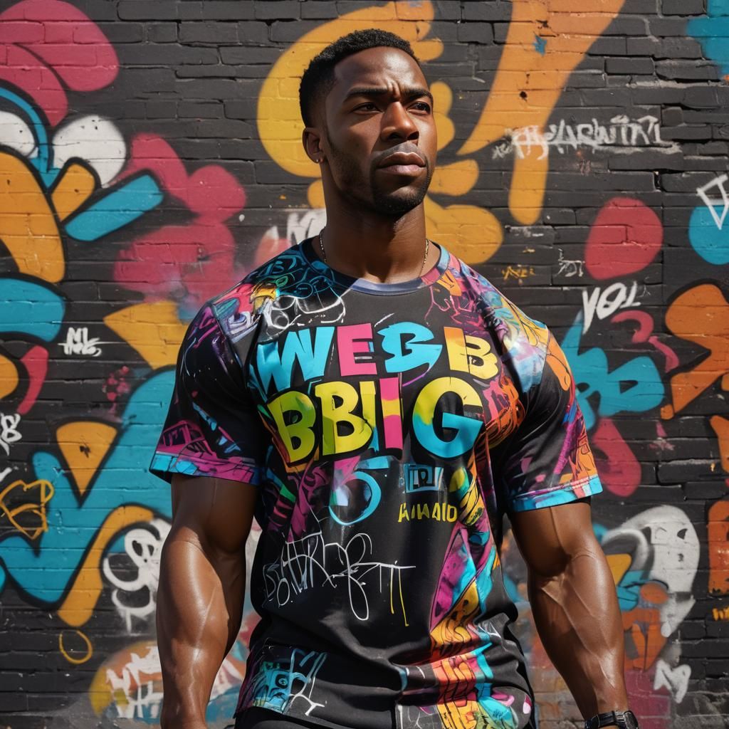 Confident Black Man in Vibrant 'We B.i.G.' Shirt