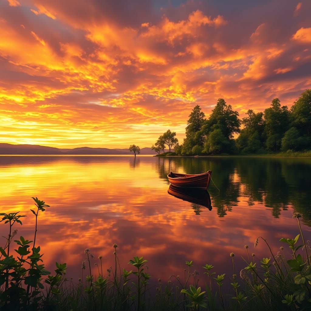 Tranquil Lakeside Scene at Sunset in Epic Digital Painting S...