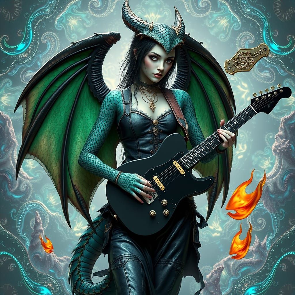 Gothic She Dragon with Leather Skin and Guitar, in a Fractal...
