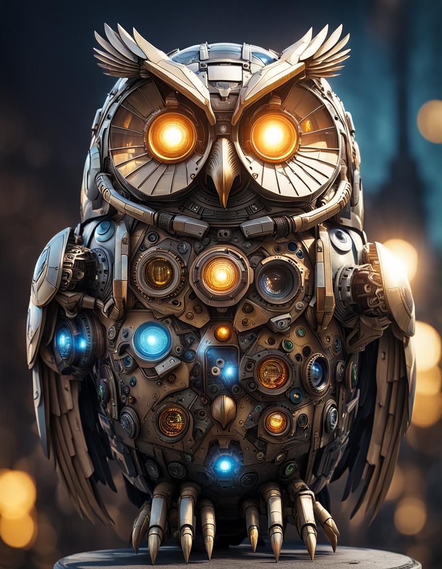 Solarpunk Robotic Owl with Lens Flare