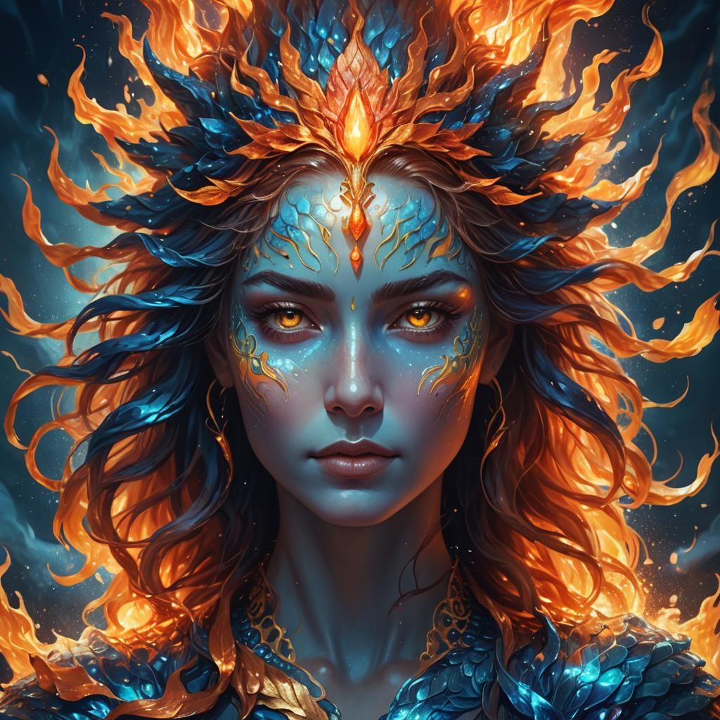 Water and Fire Goddess Portrait in Digital Painting Style