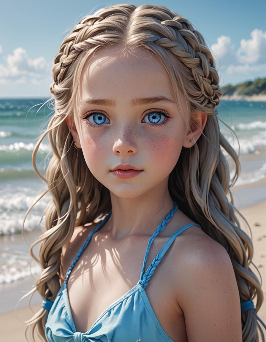 Beautiful Anime Girl with Blue Eyes on Beach