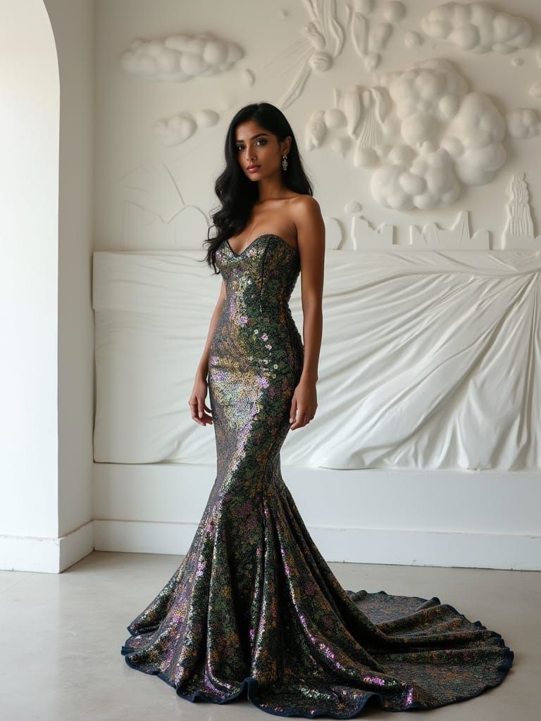 Elegant Indian Woman in Sequined Gown, Vogue Aesthetic