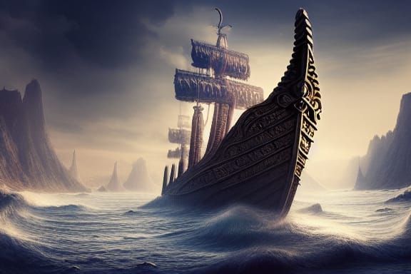 Epic Viking Drakkar Longship: Ornate Digital Painting