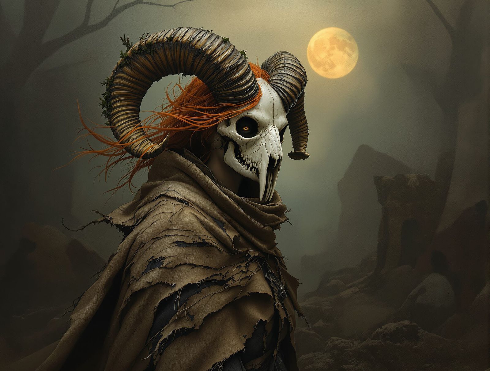 Female Warrior in Ram Skull Mask at Dusk