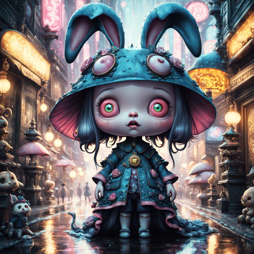 Creepy Anime Alien in a Rainy Alleyway Scene, Vibrant Neon L...