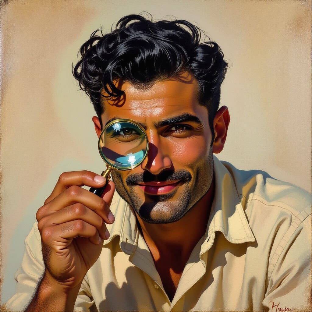 Levantine Man Examines Object in Realist Oil Painting Style