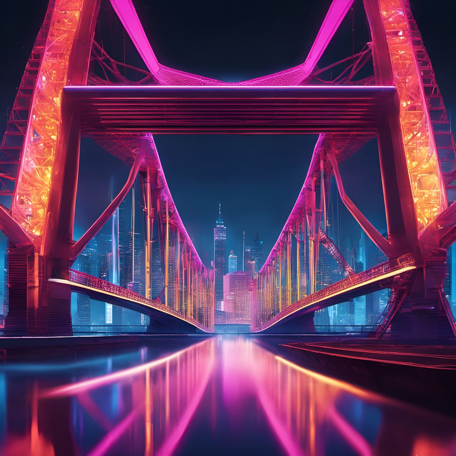 Retrowave Cantilever Bridge Reflecting City's Skyline