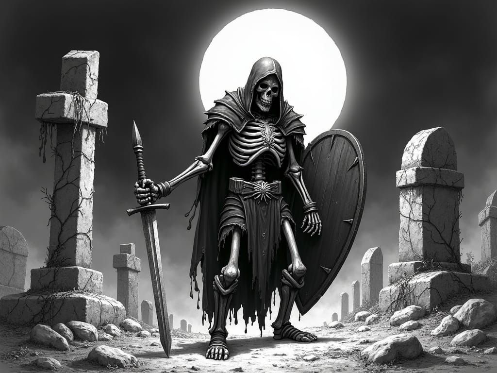 Undead Skeleton Warrior in Gloomy Graveyard
