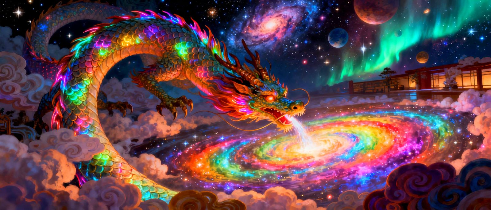 Bioluminescent Japanese Dragon in Rainbow Nebula